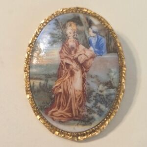 Vintage Oval Cameo Brooch Porcelain Woman Man Landscape Gold Tone Portrait Pin